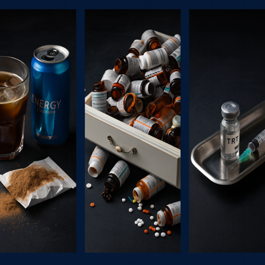 Three images showing an energy drink, drugs, and medical supplies on a dark background.