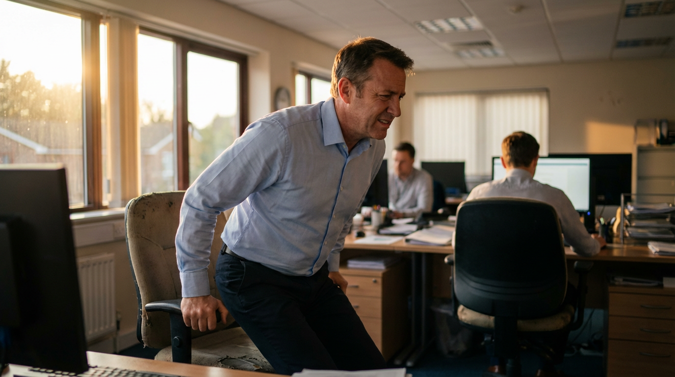FlexGuard™ — The 6:14 PM moment. Dave, desk worker, sciatica wince getting out of chair.