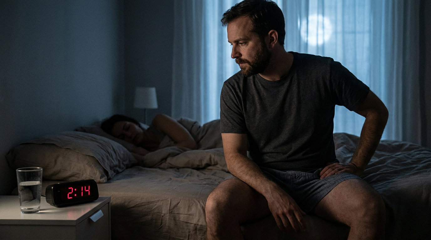 FlexGuard™ — 2:14 AM. The midnight sciatica wake-up every sufferer knows.